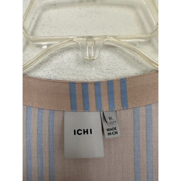 ICHI Striped Tunic Dress Button Down Waist Tie Tan Blue Beach Resort Women's XL - Picture 3 of 9